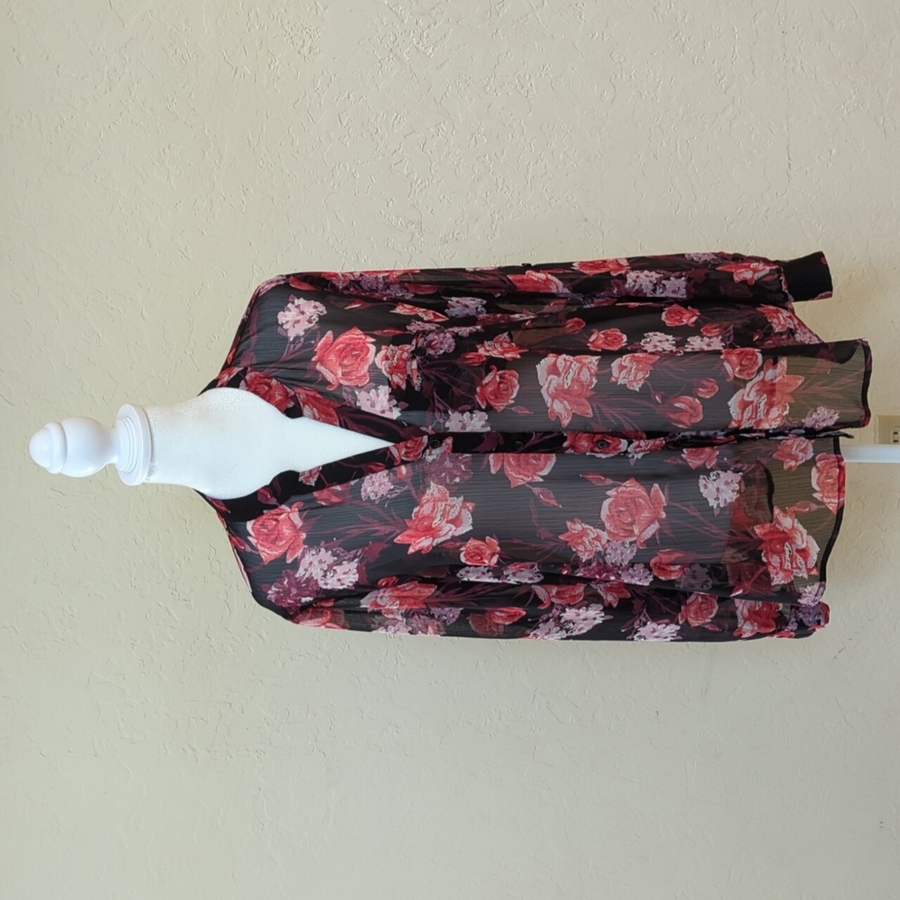 Kut from the Kloth Jasmine Black Red Semi Sheer Button Down Blouse Medium